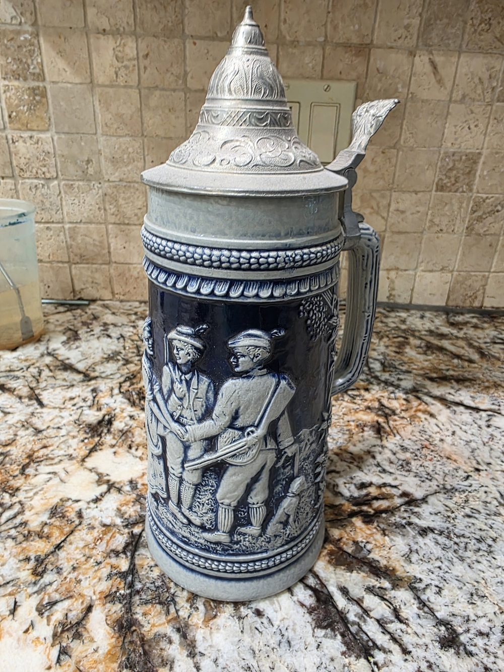 Stoneware Beer Stein with Pewter Lid - Blue and Gray